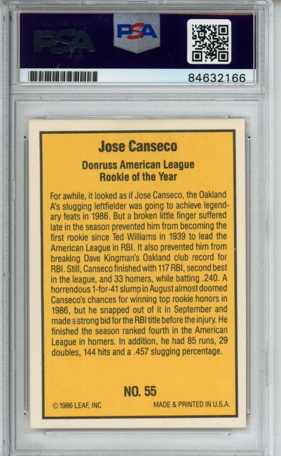 1986 Donruss Highlights Rookie #55 Jose Canseco Oakland A's PSA/DNA