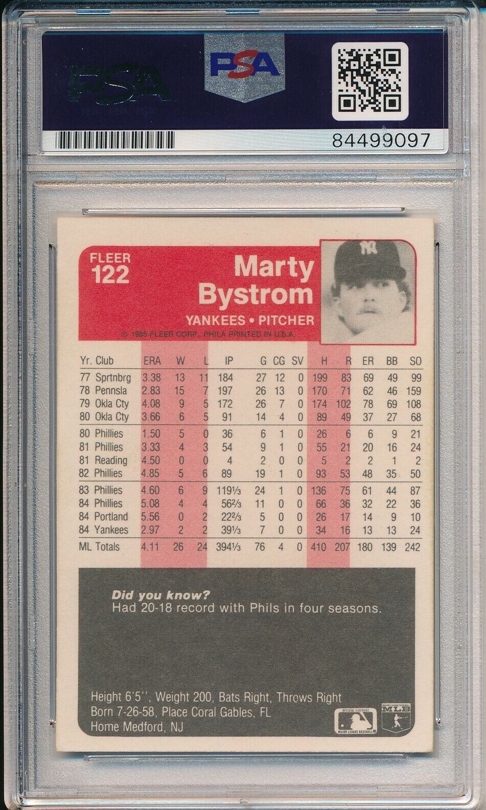 Marty Bystrom New York Yankees Signed/Auto 1985 Fleer Card #122 PSA/DNA 166108