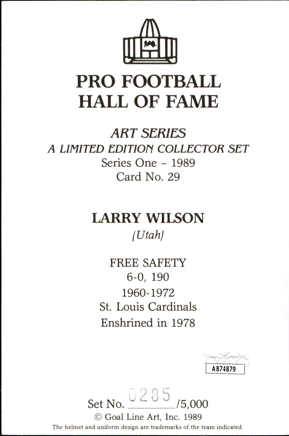 Larry Wilson HOF Autographed Goal Line Art GLAC Postcard Cardinals JSA