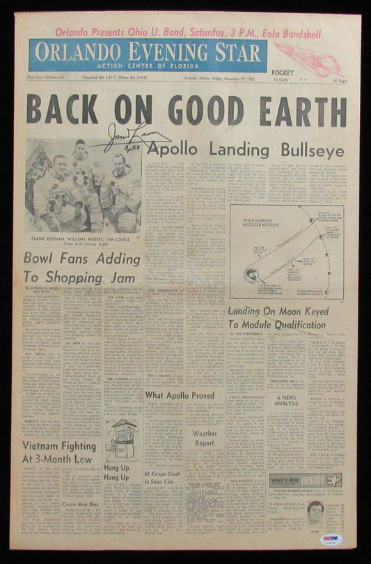 Apollo 8 Astronaut James Lovell Autographed/Inscribed 1968 Newspaper PSA/DNA 697