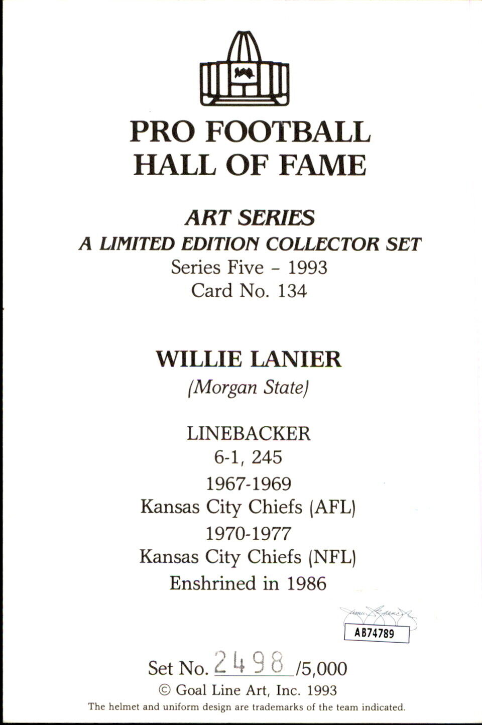 Willie Lanier HOF Autographed/Inscribed Goal Line Art GLAC Postcard  Chiefs JSA