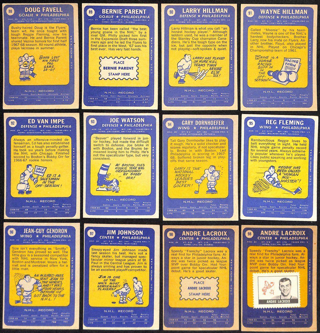 1969-70 Topps Hockey Philadelphia Flyers Complete Team Set (11/11) Cards 189197