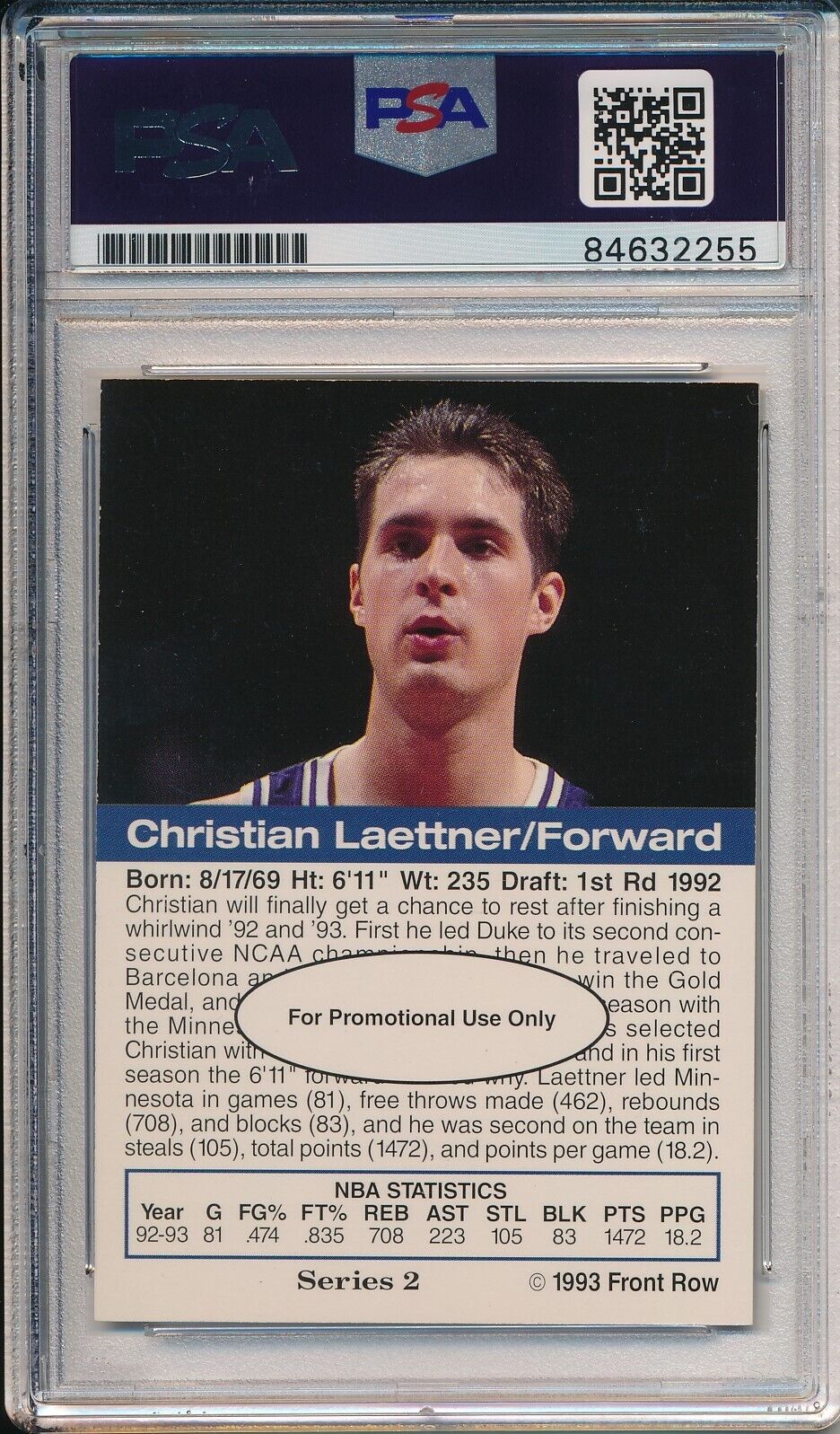 1993 Front Row Premium Promo Christian Laettner Card Signed Wolves PSA/DNA