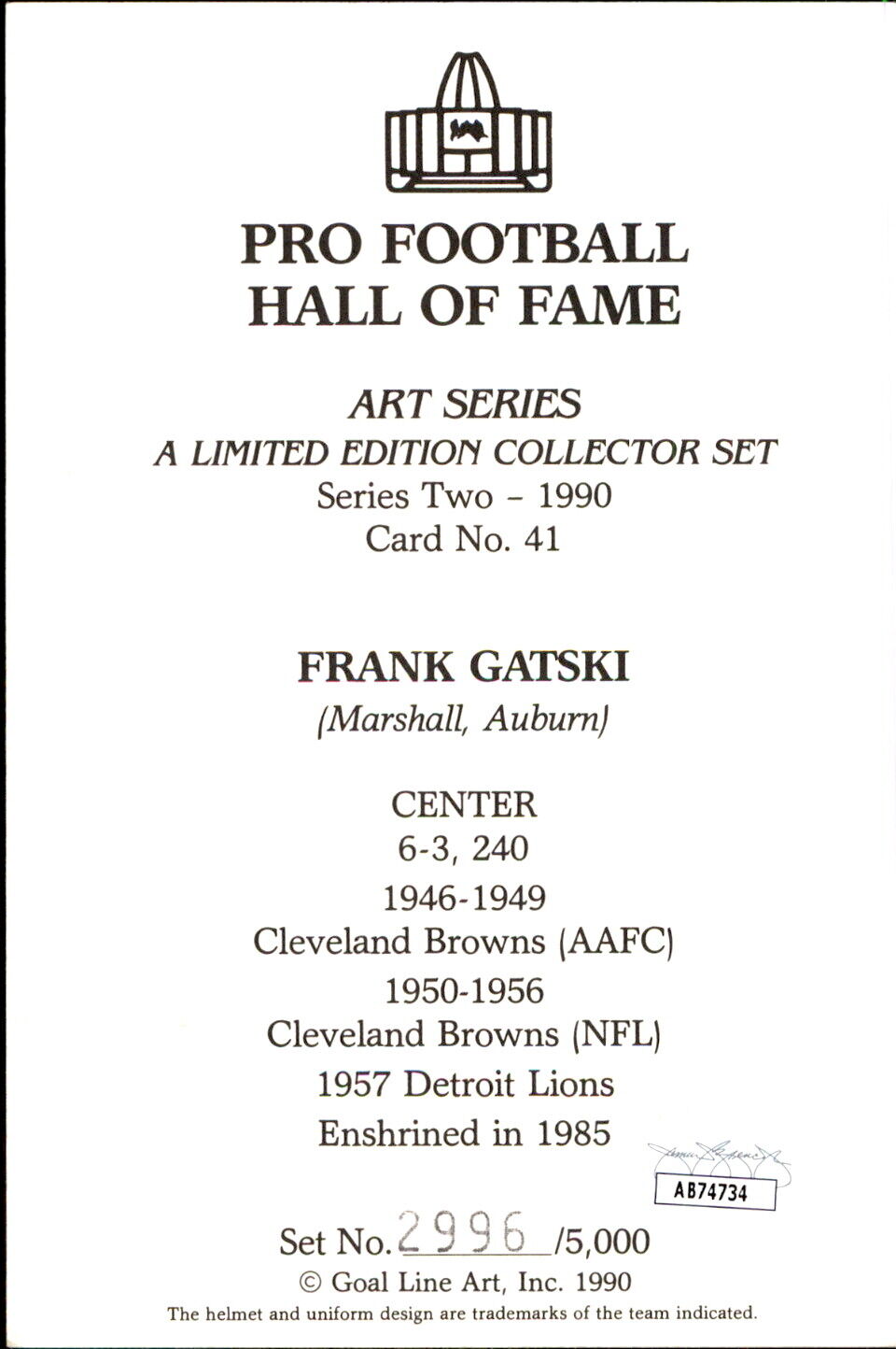 Frank Gatski HOF Autographed/Inscribed Goal Line Art GLAC Postcard Browns JSA