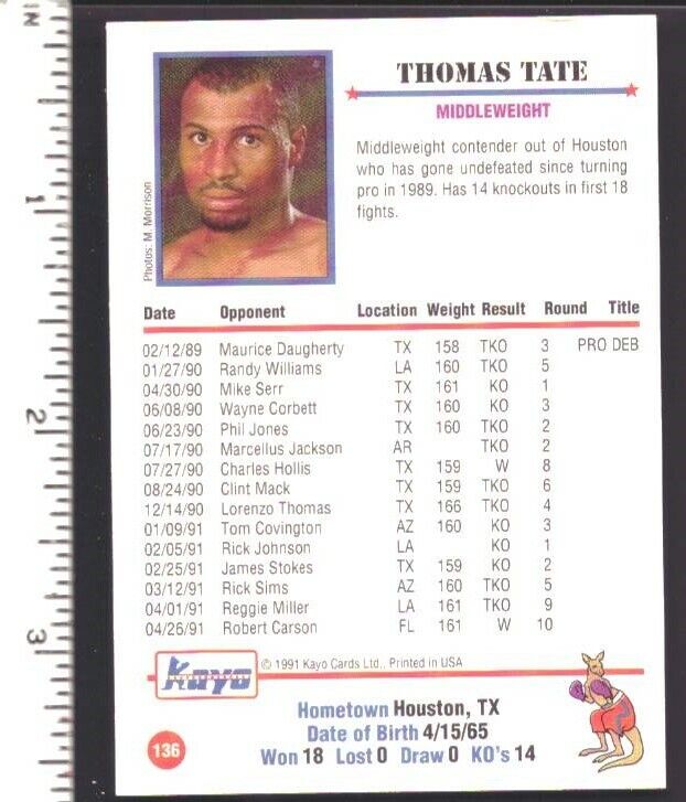 Thomas Tate Boxer Signed/Autographed 1991 Kayo Trading Card #136 151866