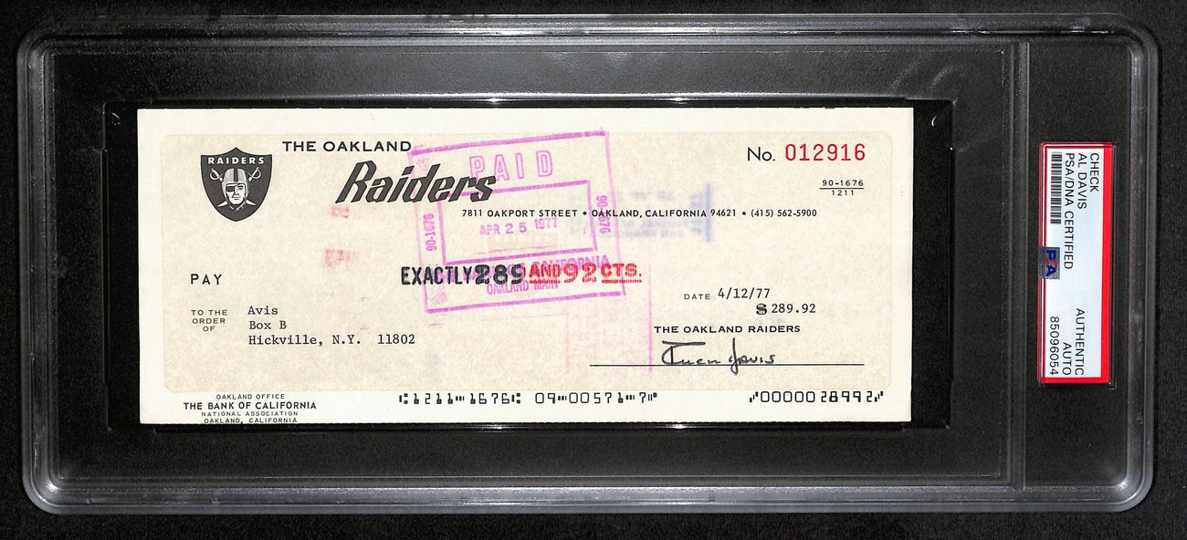 AL Davis Signed/Autographed 1977 Oakland Raiders Check JSA