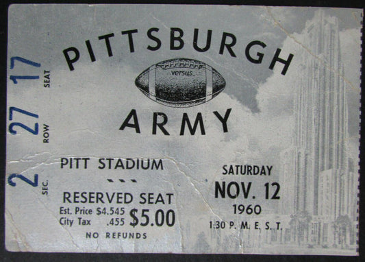 1960 Pitt Panthers vs. Army Cadets Ticket Stub 11/12/60 at Pitt Stadium 145442