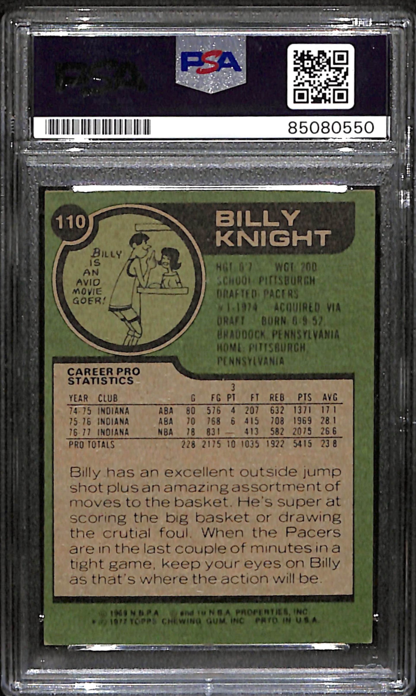 Billy Knight Signed 1977 Topps Card #110 Indiana Pacers PSA/DNA 185704