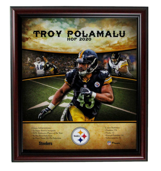 Troy Polamalu HOF Steelers Unsigned 12x15 Stats Lithograph Print Framed 165236