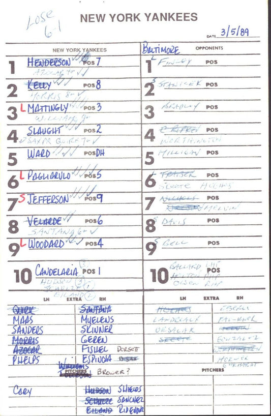 1989 New York Yankees Spring Training 5.5x8.5 Lineup Card vs Orioles 151519