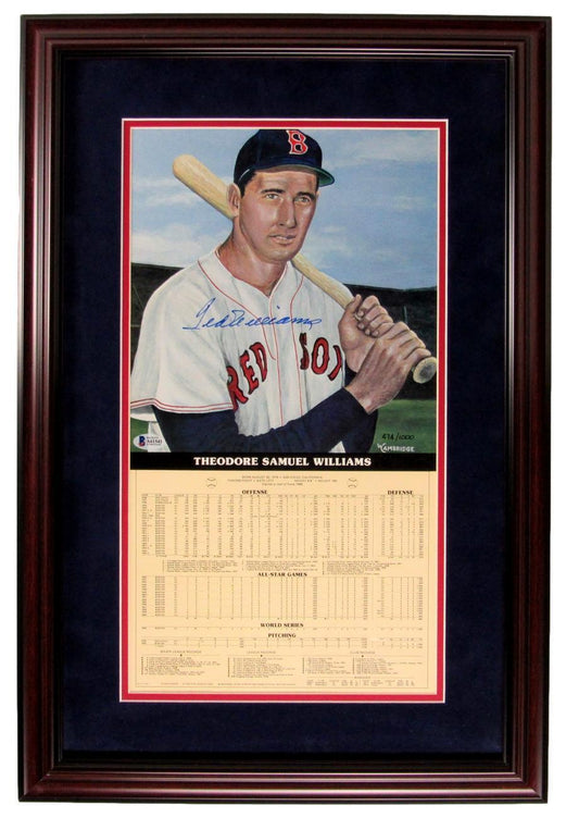 Ted Williams Red Sox Signed 12x18 Lithograph w/ Stats Framed Beckett 156029