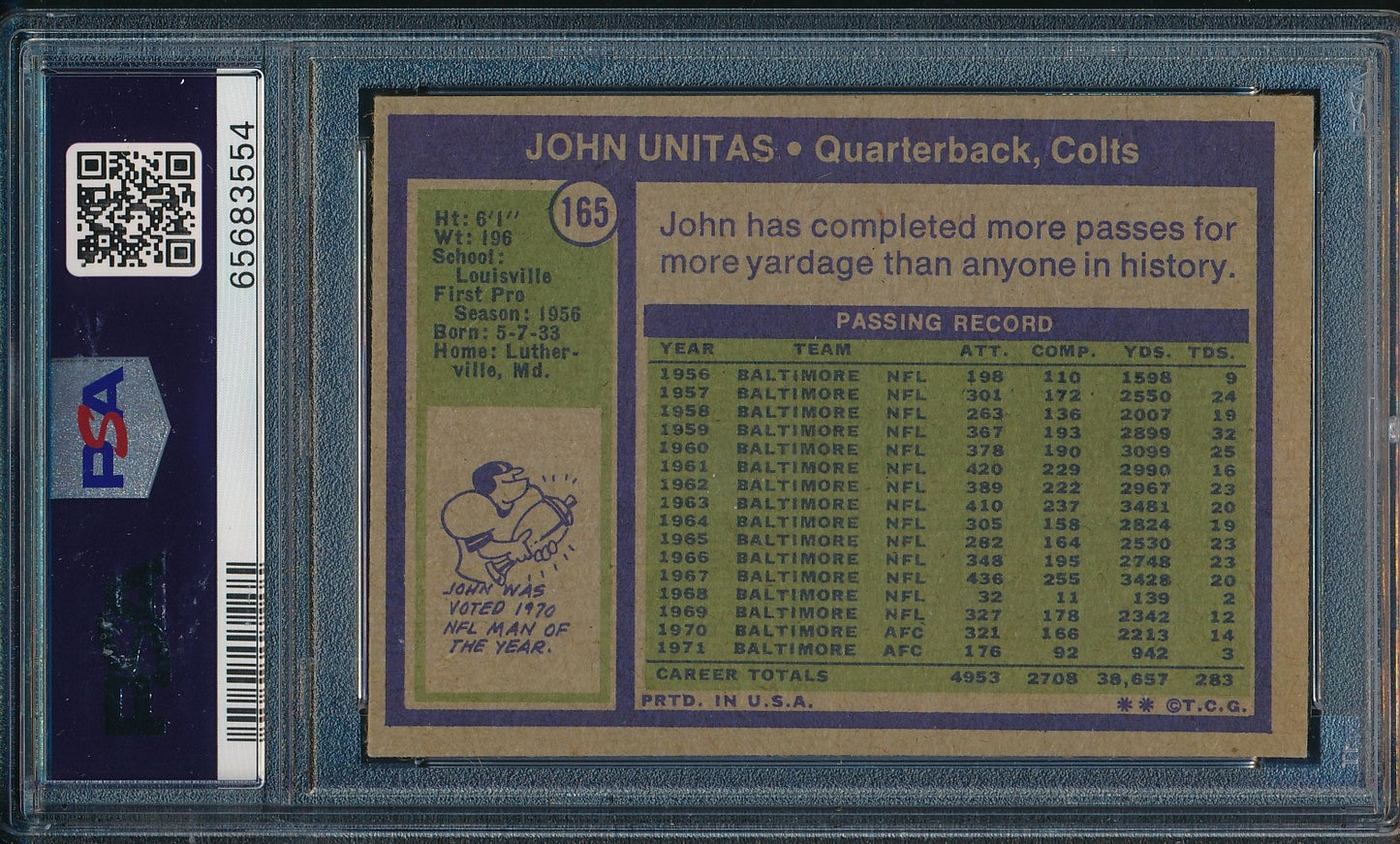 Johnny Unitas HOF Colts Autographed 1972 TOPPS Card #165 PSA/DNA Auto 10