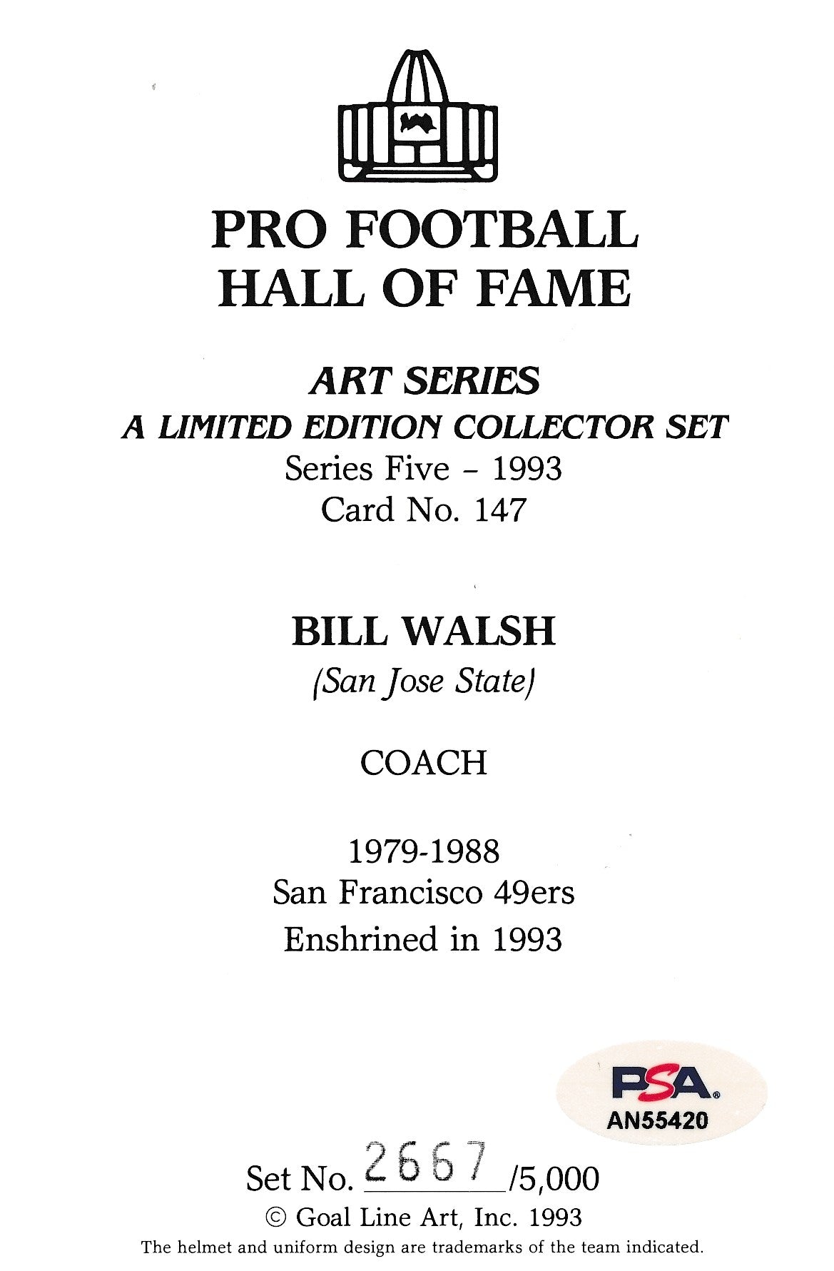 Bill Walsh 49ers Signed/Inscr 1993 GLAC/Goal Line Art Postcard PSA/DNA 186327