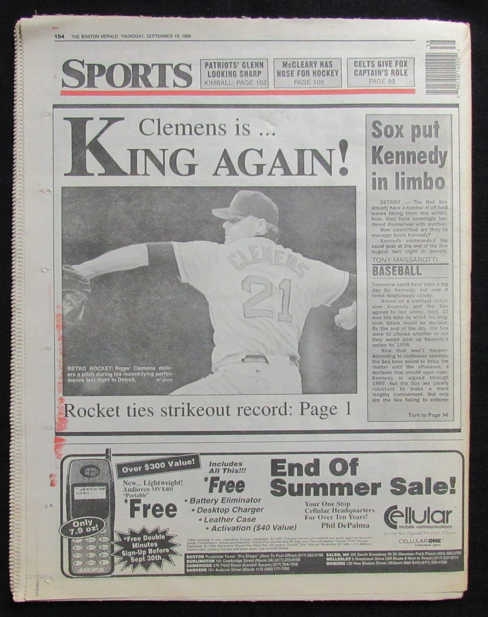 Boston Herald Newspaper Sept 19, 1996 Roger Clemens 20 Strikeouts Red Sox 190808