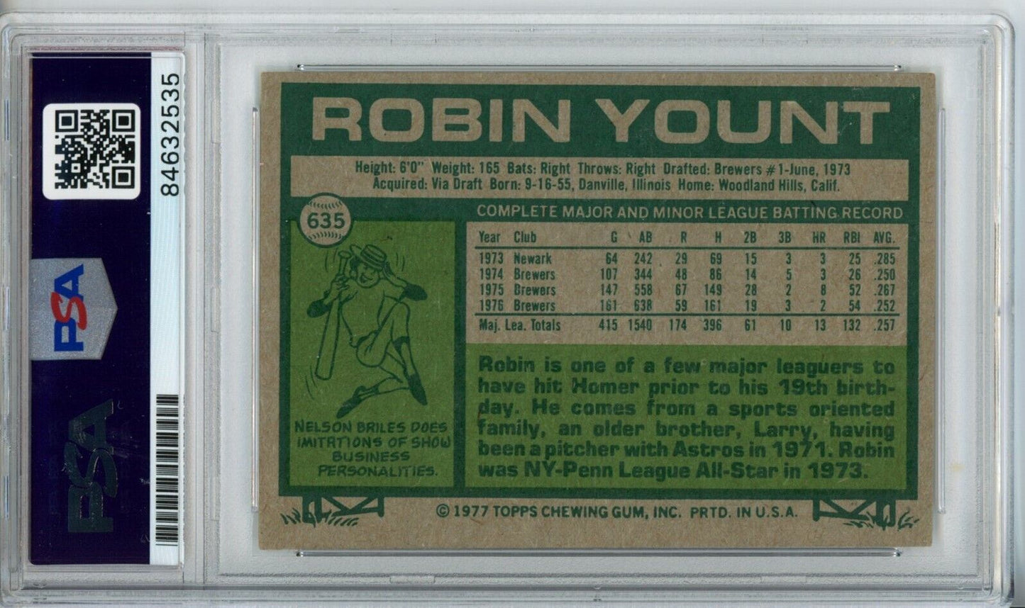 1977 Topps Robin Yount HOF #635 Card Signed Brewers PSA/DNA GEM MINT 10