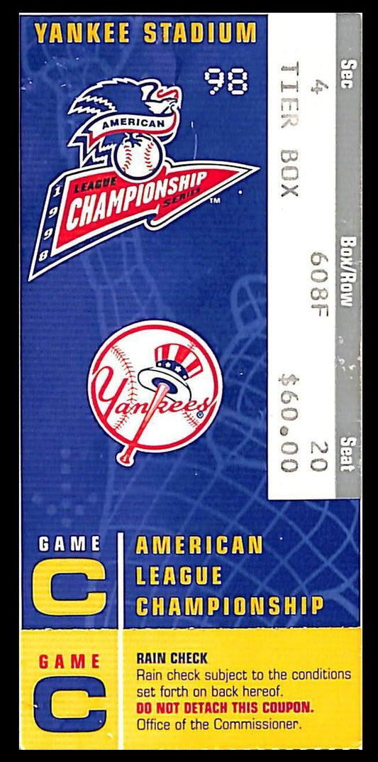 October 13, 1998 ALCS Game 6 Ticket Stub Yankees vs. Indians Clincher 179660