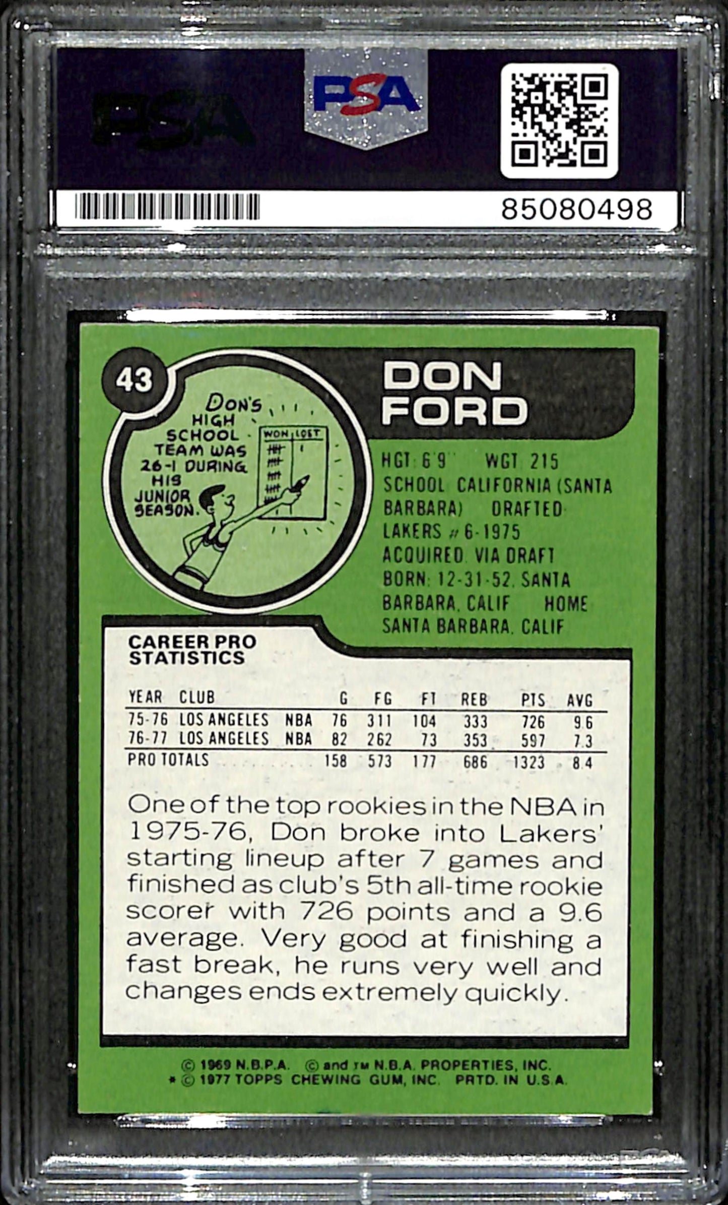 Don Ford Signed 1977 Topps Card #43 Los Angeles Lakers PSA/DNA 185670