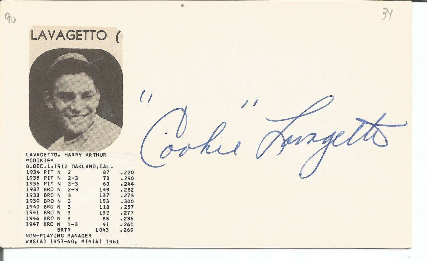 Cooke Lavagetto Brooklyn Dodgers Signed/Autographed 3x5 Index Card 150443