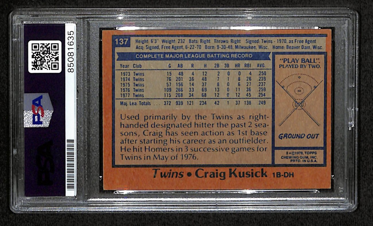 Craig Kusick Signed 1978 Topps Card #137 Minnesota Twins PSA/DNA 184549