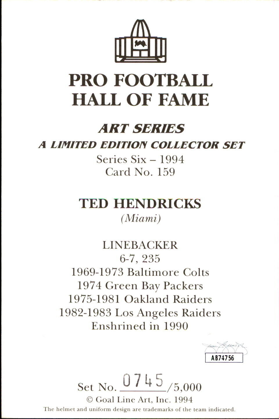 Ted Hendricks HOF Autographed Goal Line Art GLAC Postcard Oakland Raiders JSA