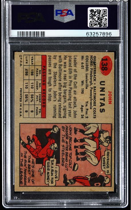 1957 Topps #138 Johnny Unitas Rookie card signed/autographed PSA/DNA 184851