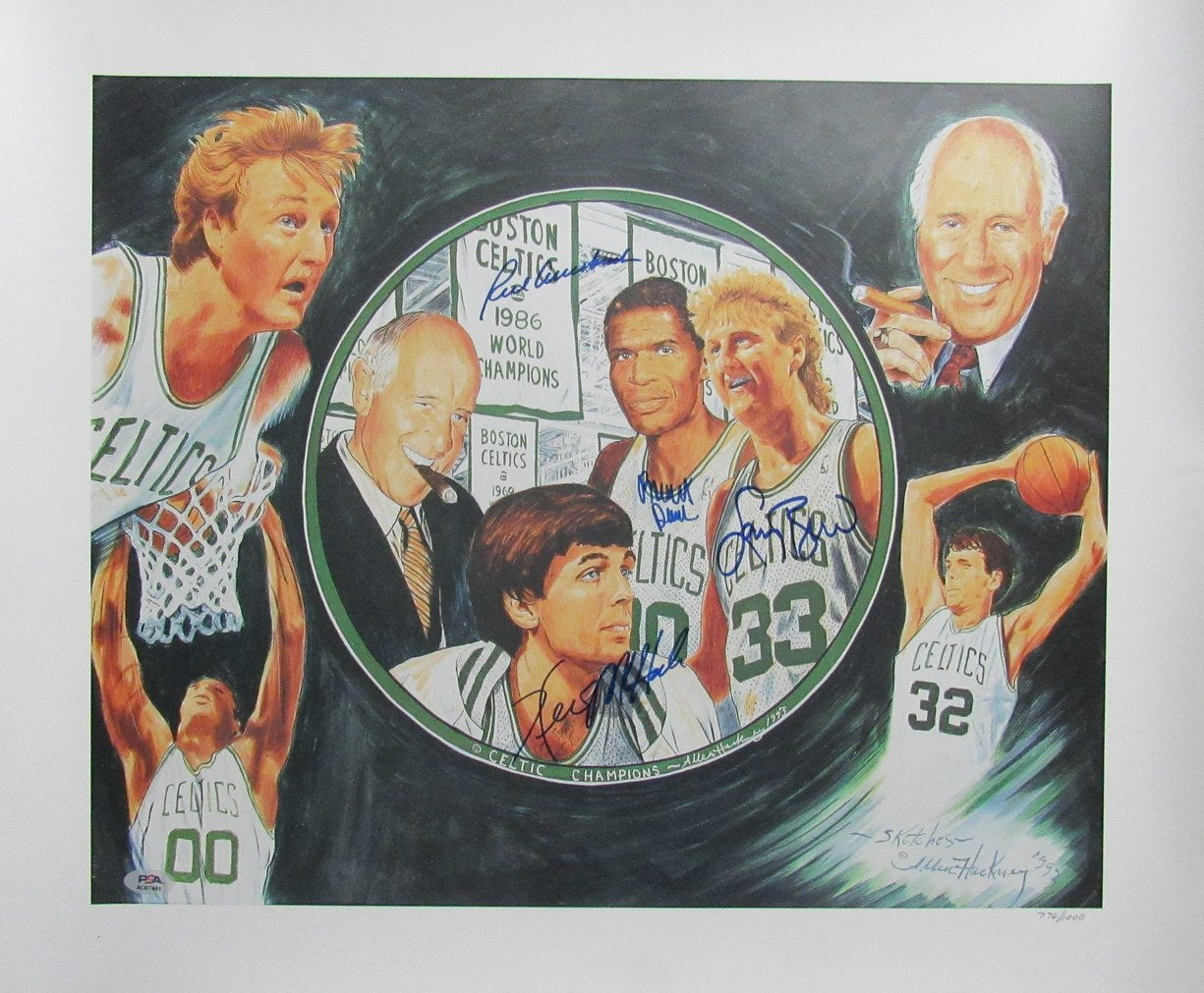 Bird/McHale/Parish/Auerbach Multi-Signed 24x20 Lithograph Celtics PSA/DNA 192392