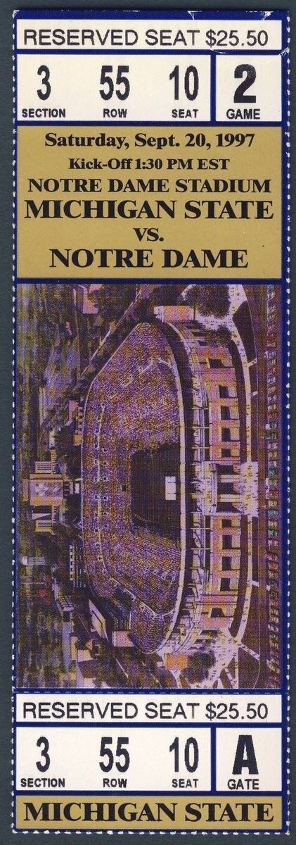 1997 Notre Dame vs. Michigan State Full Unused Ticket 128316