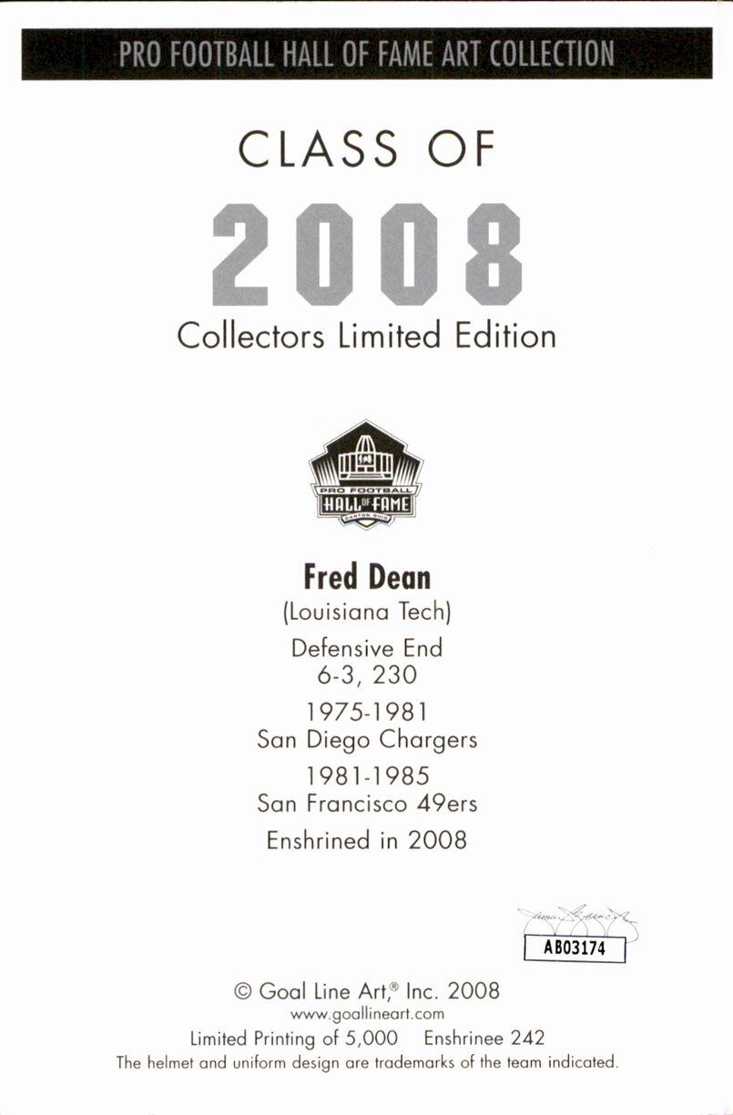 Fred Dean HOF 49ers Signed/Inscribed Goal Line Art GLAC Postcard JSA 167058
