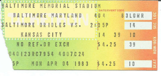 1983 Baltimore Orioles Opening Day vs. Royals Baseball Game Ticket Stub 151137