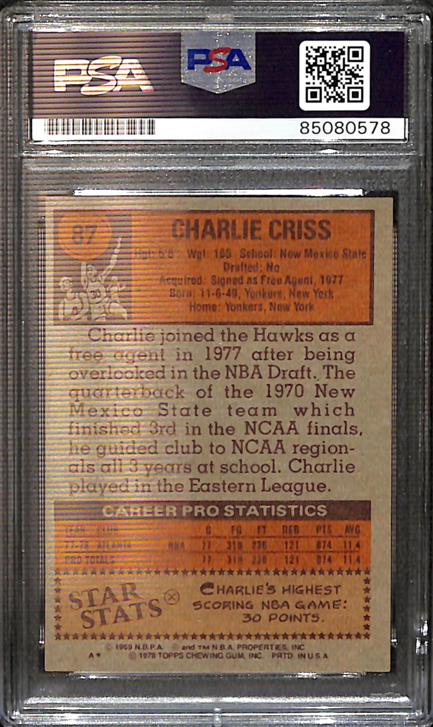 Charlie Criss Signed/Auto 1978 Topps Rookie Card #87 Hawks PSA/DNA 185411