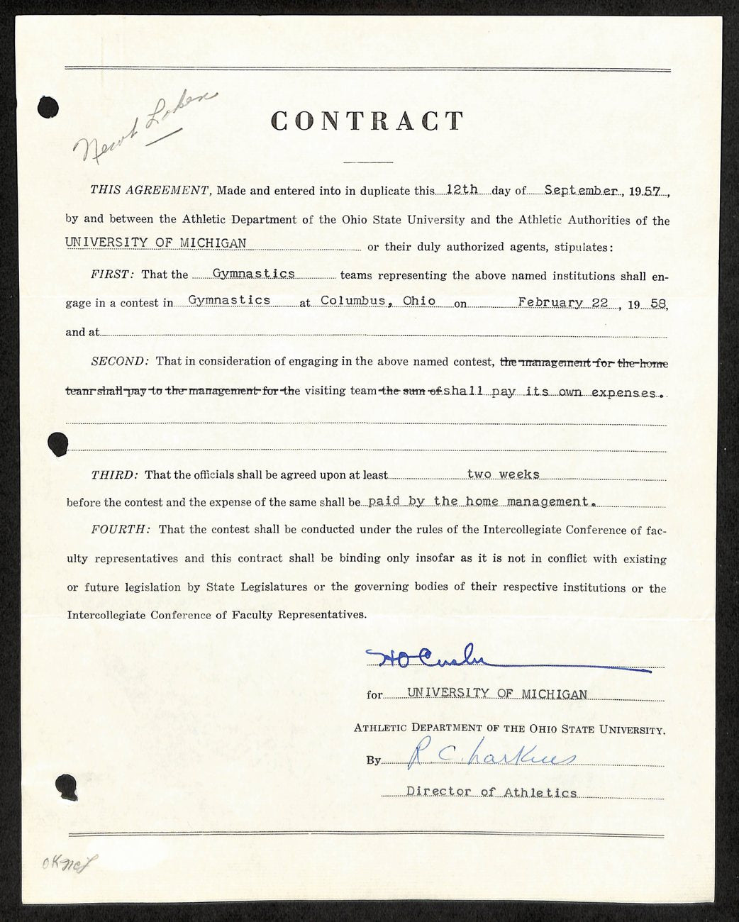 Fritz Crisler CFB HOF Signed 1957 Contract University of Michigan JSA 185593