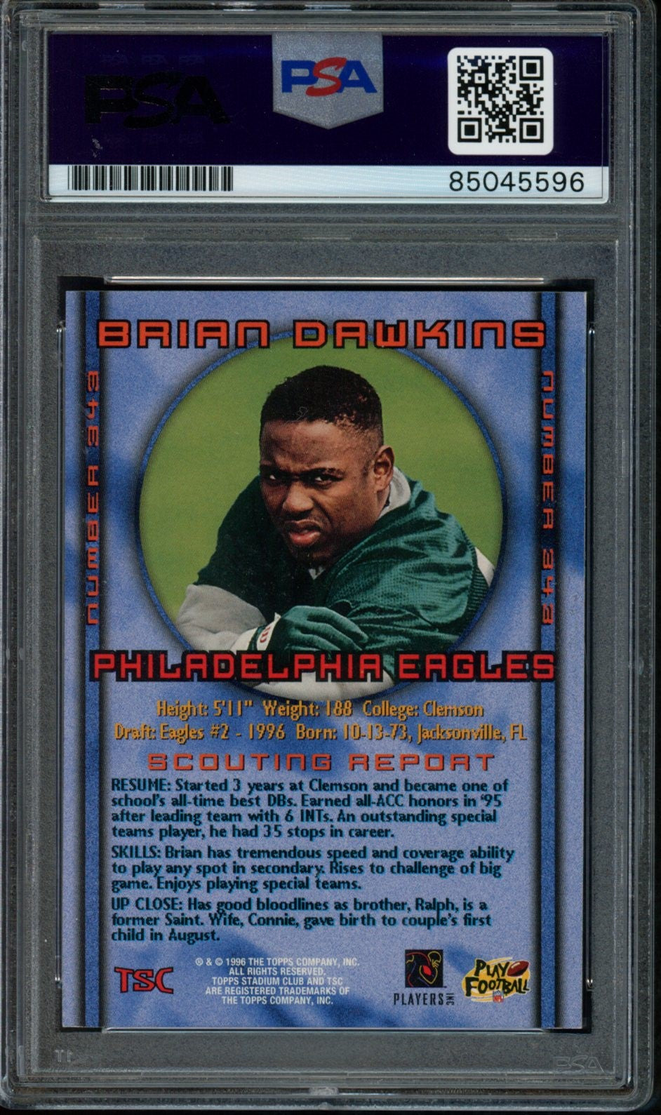 Brian Dawkins HOF Eagles Signed1996  Stadium Club  RC rookie Card #343 PSA/DNA