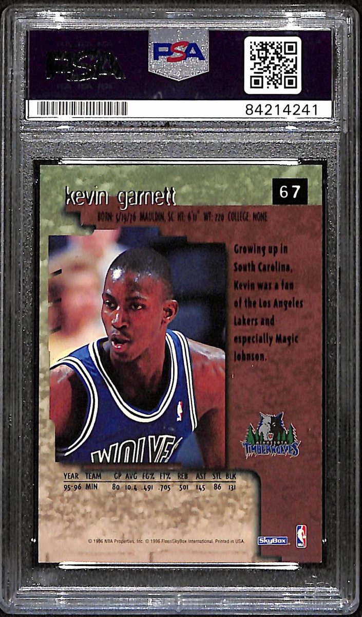 Kevin Garnett HOF Signed/Auto 1996-97 Skybox Card #67 Wolves PSA/DNA 193459