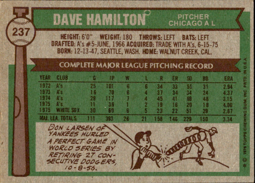 Dave Hamilton Autographed 1976 TOPPS Card #237 Chicago White Sox 183402