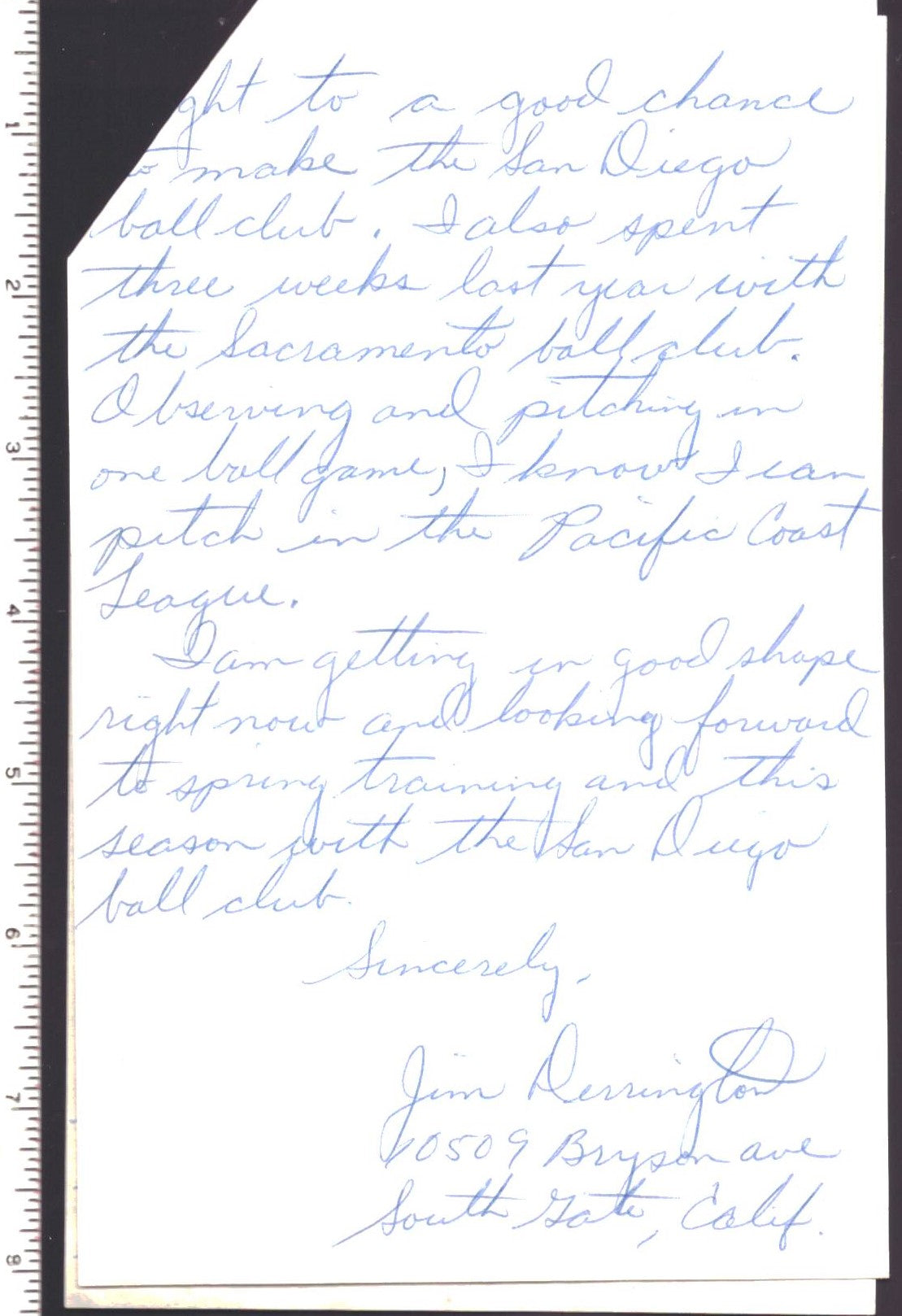 Jim Derrington Chicago White Sox Signed Personal Letter to GM Ralph Kiner 151584