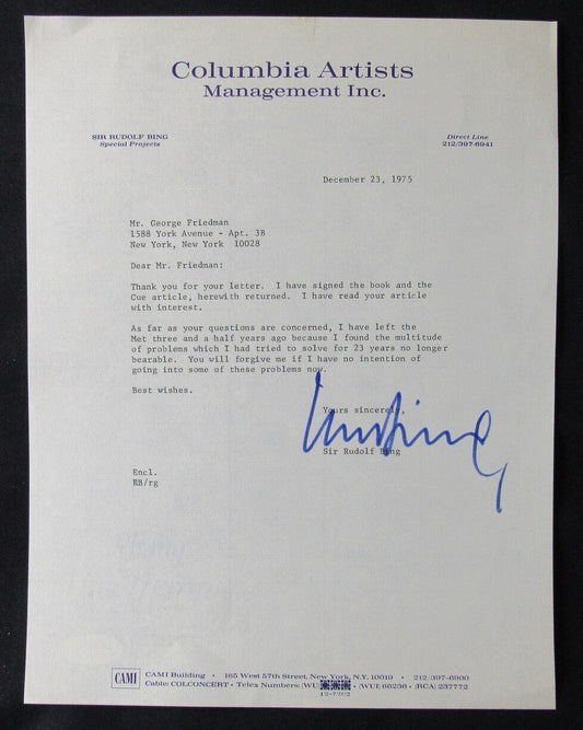 Sir Rudolf Bing Opera Autographed 1975 TLS Typed Letter Signed PSA/DNA 177032