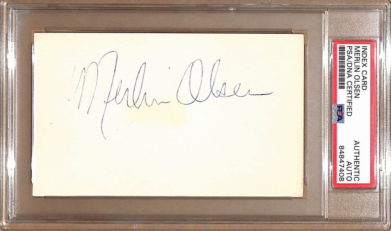 Merlin Olsen HOF Autographed 3x5 Index Card Los Angeles Rams PSA/DNA 179069