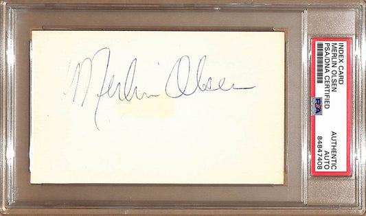 Merlin Olsen HOF Autographed 3x5 Index Card Los Angeles Rams PSA/DNA 179069