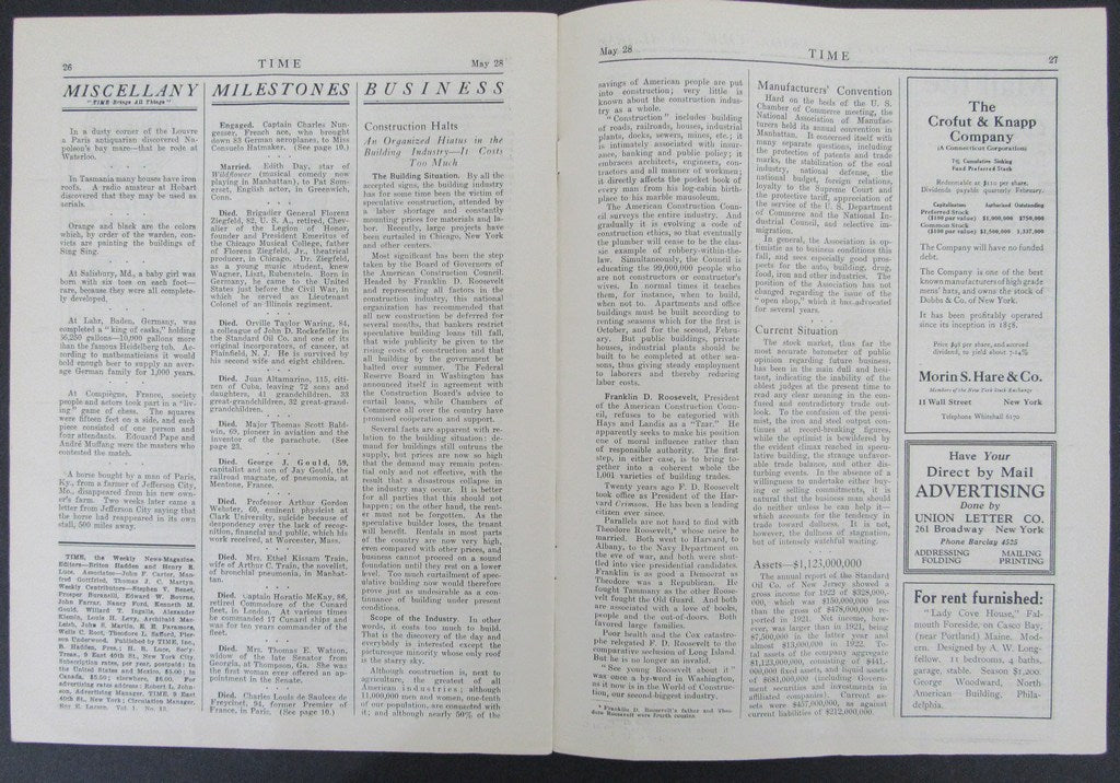 Time Magazine Vol I No 13 May 28, 1923 Franklin D. Roosevelt 183264