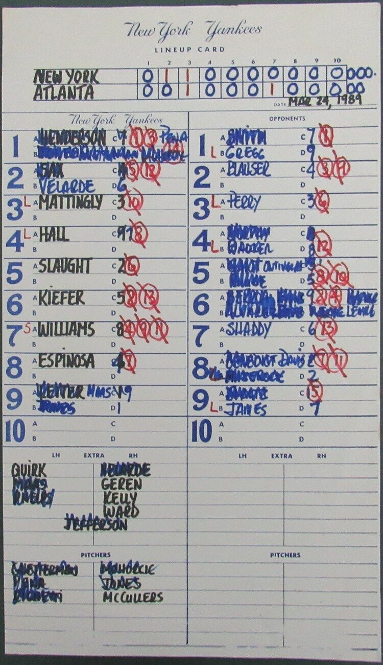 1989 New York Yankees Spring Training 9x15 Lineup Card vs. Braves Murphy  151337