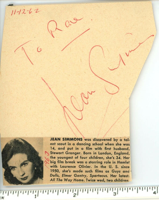 Jean Simmons Actress Signed/Inscribed Cut Album 1962 B/W Magazine Photo 159008