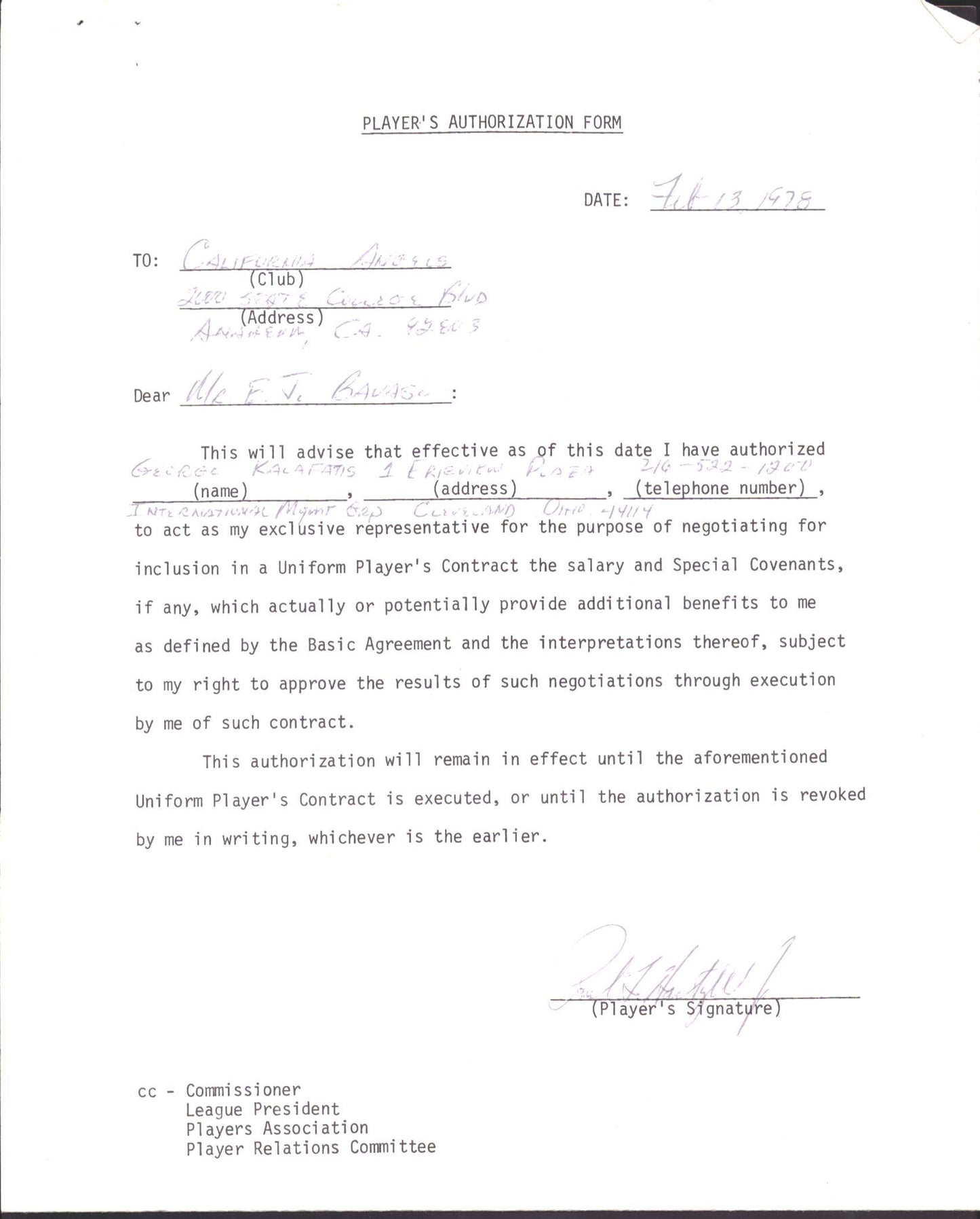 Paul Hartzell California Angels Signed 1978 Player's Authorization Form 151591