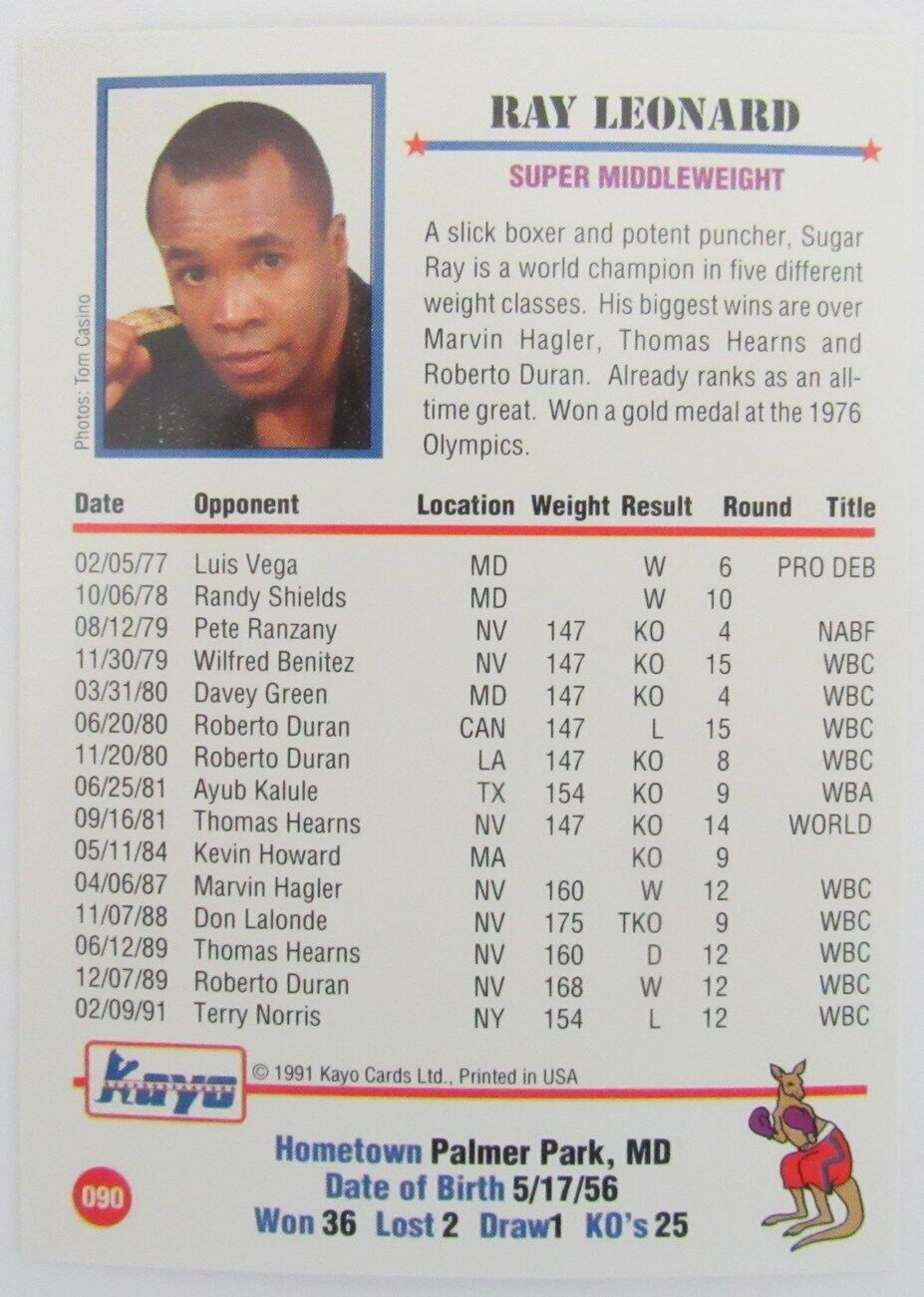 Lot of 10 Ray Leonard Boxer 1991 Kayo Trading Cards #090 158137