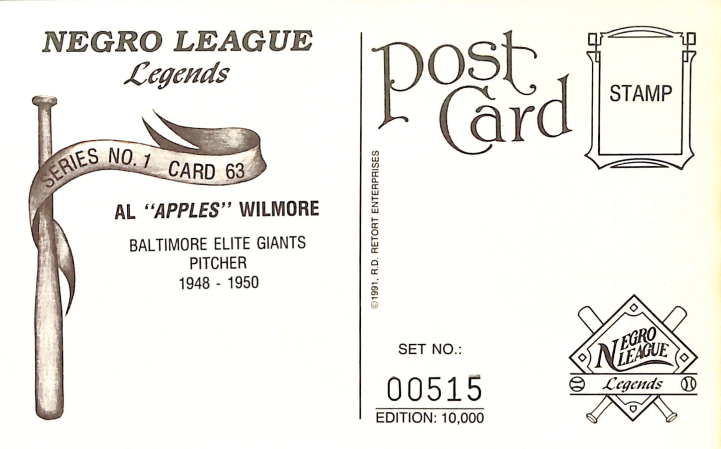 Al Wilmore Signed 1991 Negro League Legends Post Card Elite Giants 181291