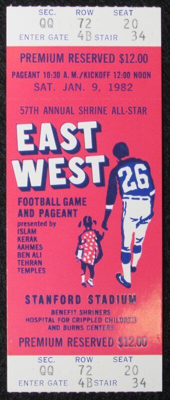 1982 East vs. West Shrine Game Ticket Stub Stanford Stadium 1/9/82