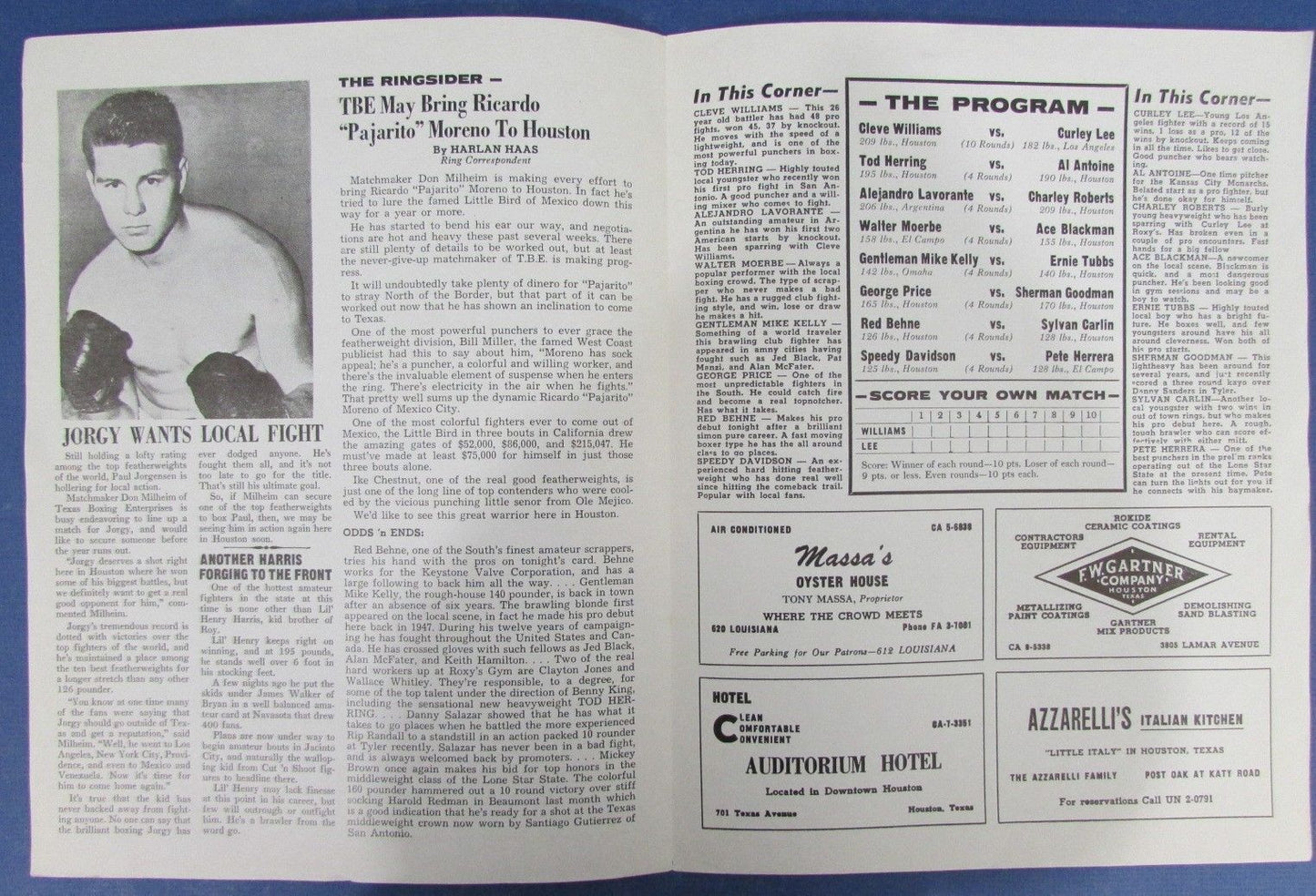 Cleveland Williams v Curley Lee On-Site 1959 Boxing Program 127219