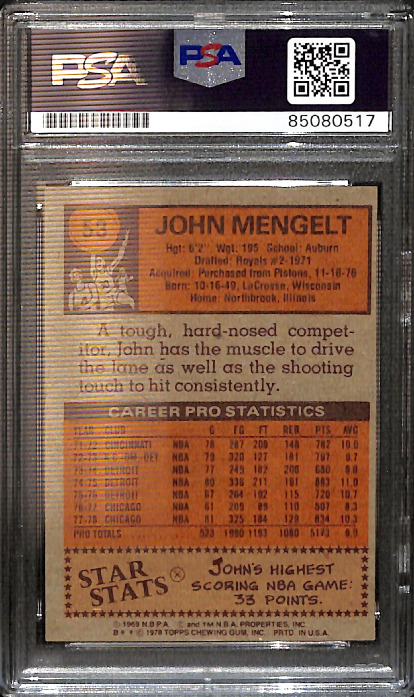 John Mengelt Signed/Auto 1978 Topps Card #53 Chicago Bulls PSA/DNA 185428