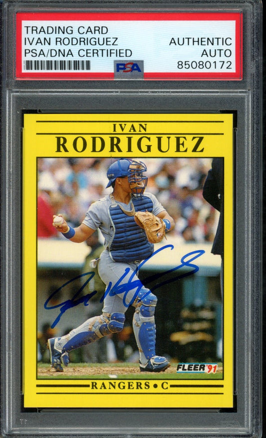 Ivan Rodriguez HOF Autographed 1991 Fleer Rookie Card #U-62 Rangers PSA/DNA 2