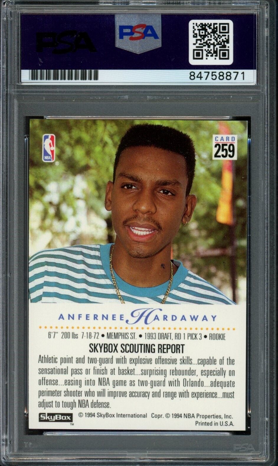 1993-94 Skybox Anfernee Hardaway #259 Rookie Card Signed Magic PSA/DNA 176109