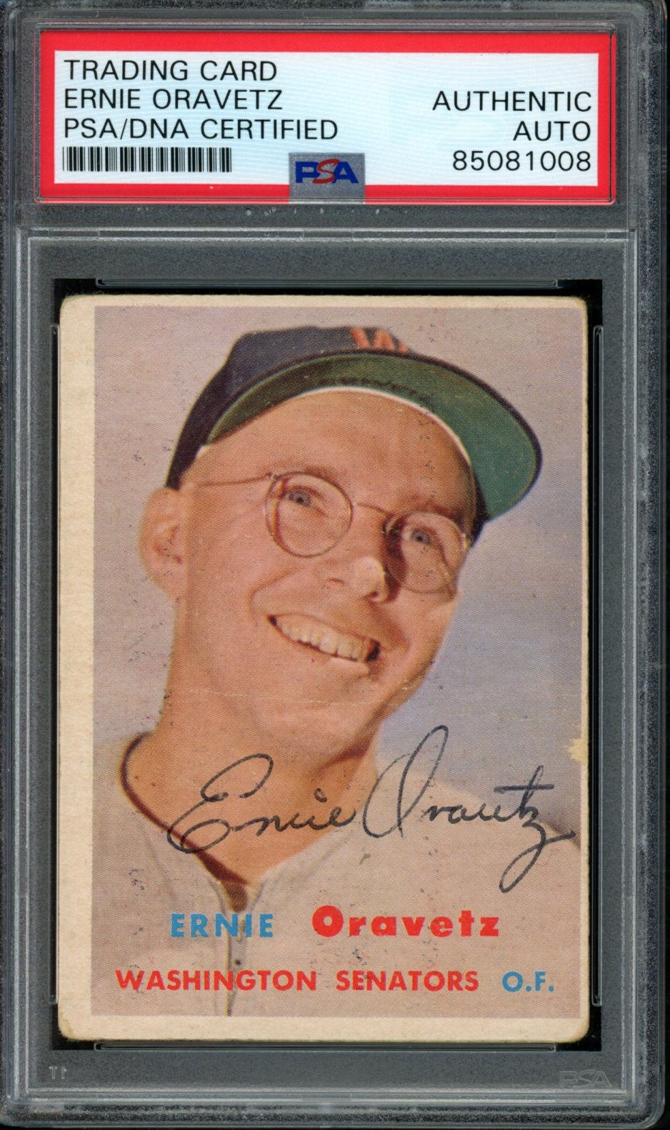 1957 TOPPS Ernie Oravetz #179 Auth Card Signed Senators PSA/DNA 184081